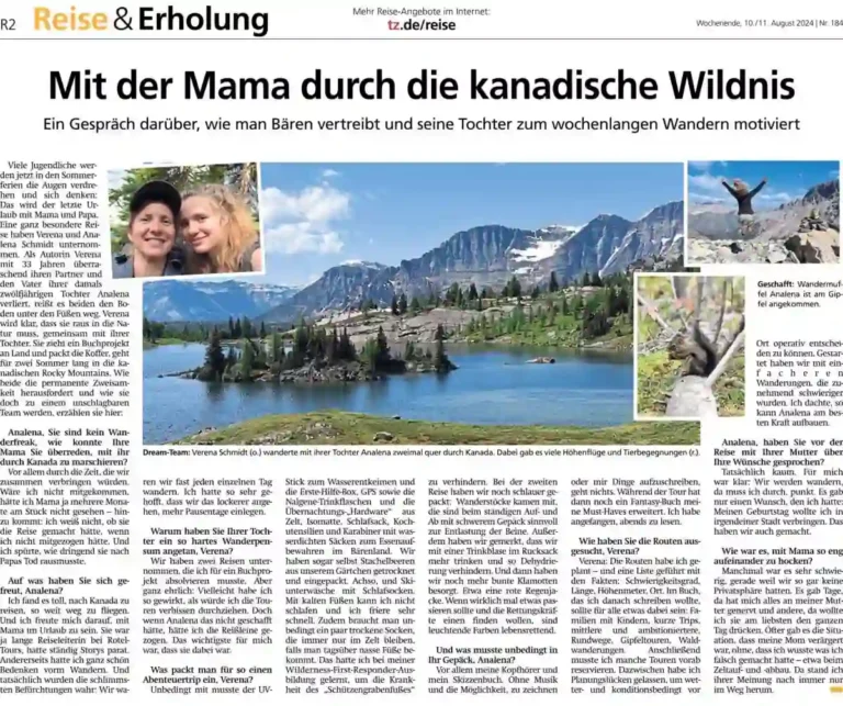 Interview von Julitta Ammerschläger im Wochenend-Reiseteil des Münchner Merkur - Zwei Sommer in den Rockies von Autorinnen Analena und Verena Schmidt, Seite 1